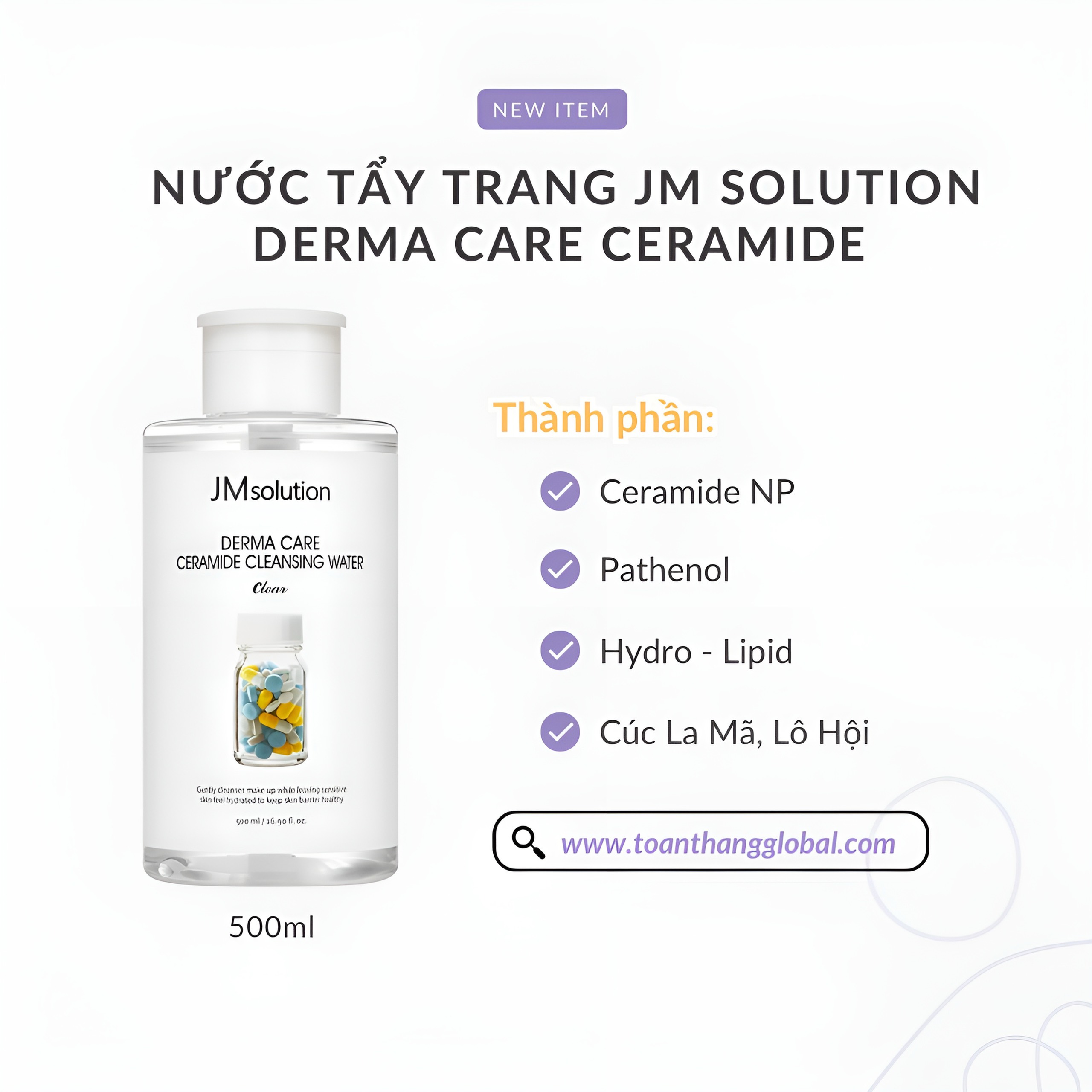 Nước tẩy trang da khô JMsolution Derma Care Ceramide Cleansing Water Clear 500ml SP001447